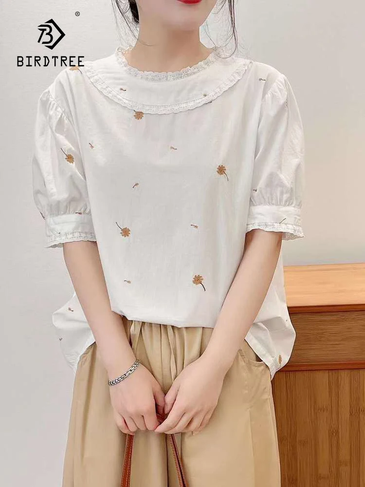 

New Summer Cotton Short Sleeve Shirts O Neck Flower Embroidery Tops Casual Girl OL Literature Loose Blouse 2024 Autumn T465107QC