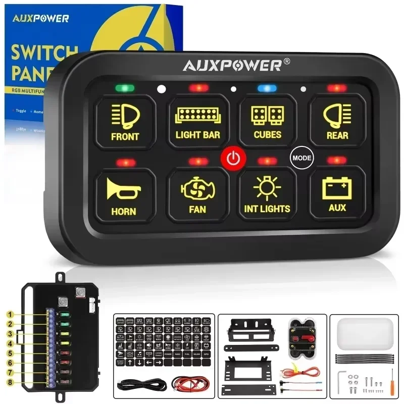 AUXPOWER RGB 4/6/8/12Gang Switch Panel With packaging Toggle/Momentary/Pulsed Supported without App Control (One-Sided Outlet)