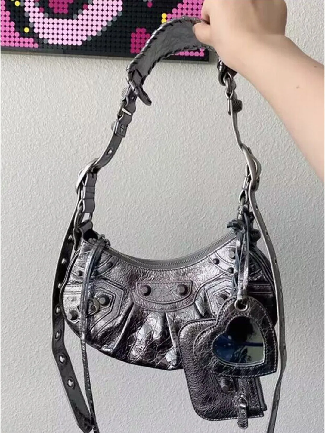 2026 New Motorcycle Bag Underarm Bag Rivet Tassel Three-in-One Crescent Folded Cowhide Single Shoulder Slant Crossbody Bag