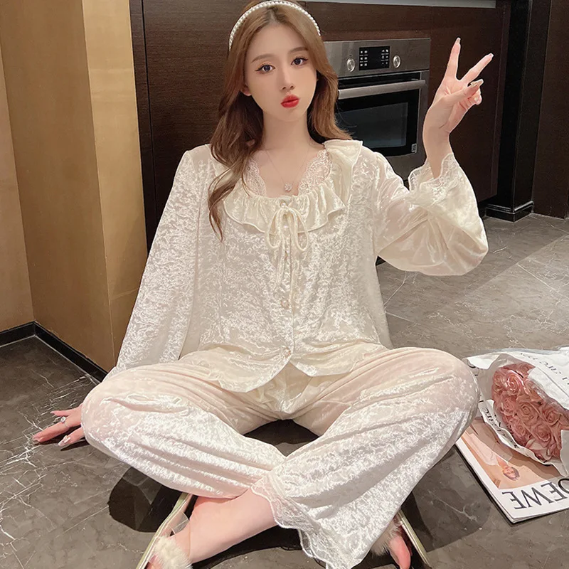 

Velvet Pajamas Set Women Autumn Winter Sleepwear Princess Style Lace Trim Home Clothes Long Sleeve Trousers 2 Pcs Loungewear