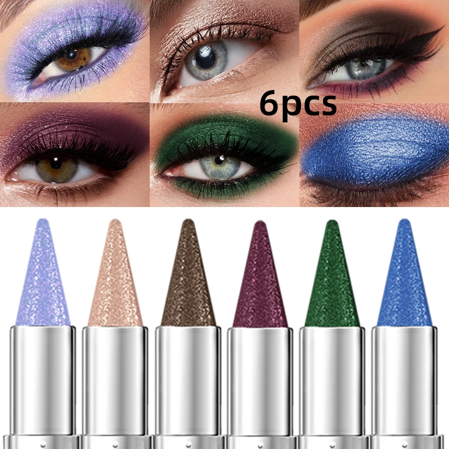 6pcs Metallic Brown Blue  Waterproof Eyeshadow Pen Glitter Shiny Eye Shadow Stick Korean Makeup for Women Gifts Pear Eye Cosmetics Smoky Black view 2