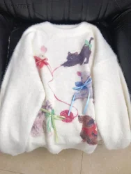 Sweaters Women Bow Autumn Winter Cat Dog Printing Sweet Pullovers Knitwear Fashion Loose Casual Fluffy Design Vintage Girlish