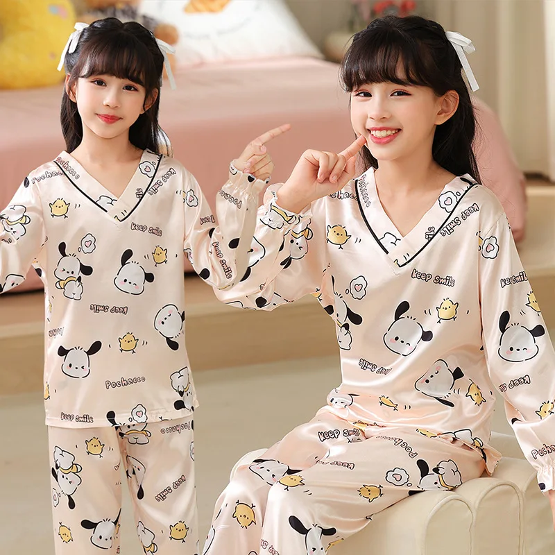 Pijama de manga comprida Sanrio para meninas, roupas domésticas, seda gelada, Kuromi bonito dos desenhos animados, presente, primavera e outono, novo