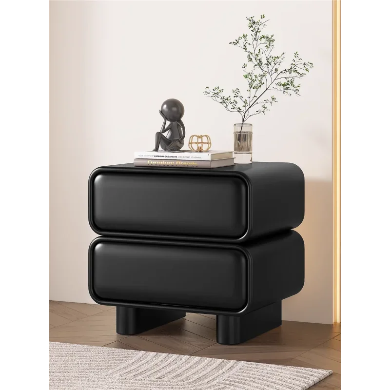 Black installation-free high-end all-solid wood bedside table modern simple creative sugar cube rounded corners light luxury lea