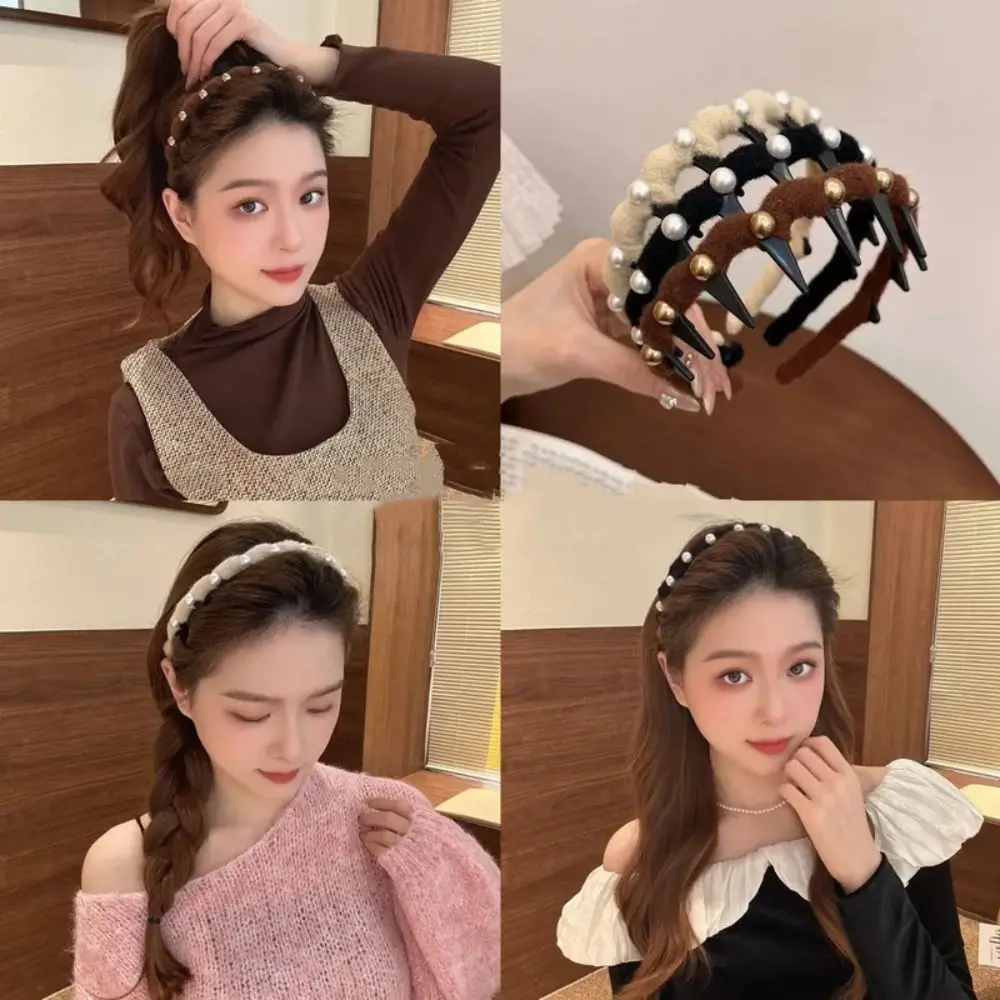 

Sweet Fluffy Pearl Wave Headband Solid Color Beads Plastic Hair Band Hair Hoop Korean Style Face Wash Hairband Student