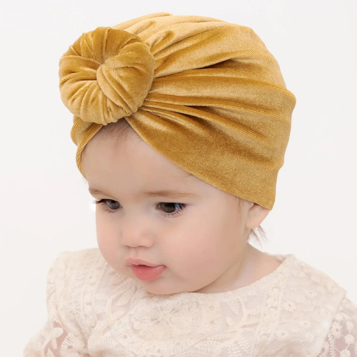 

Velvet Baby Donuts Hats Indian Hats Kids Girls Warm Muslim Beanies Pleated Infant Newborn Hair Accessories Photography Props