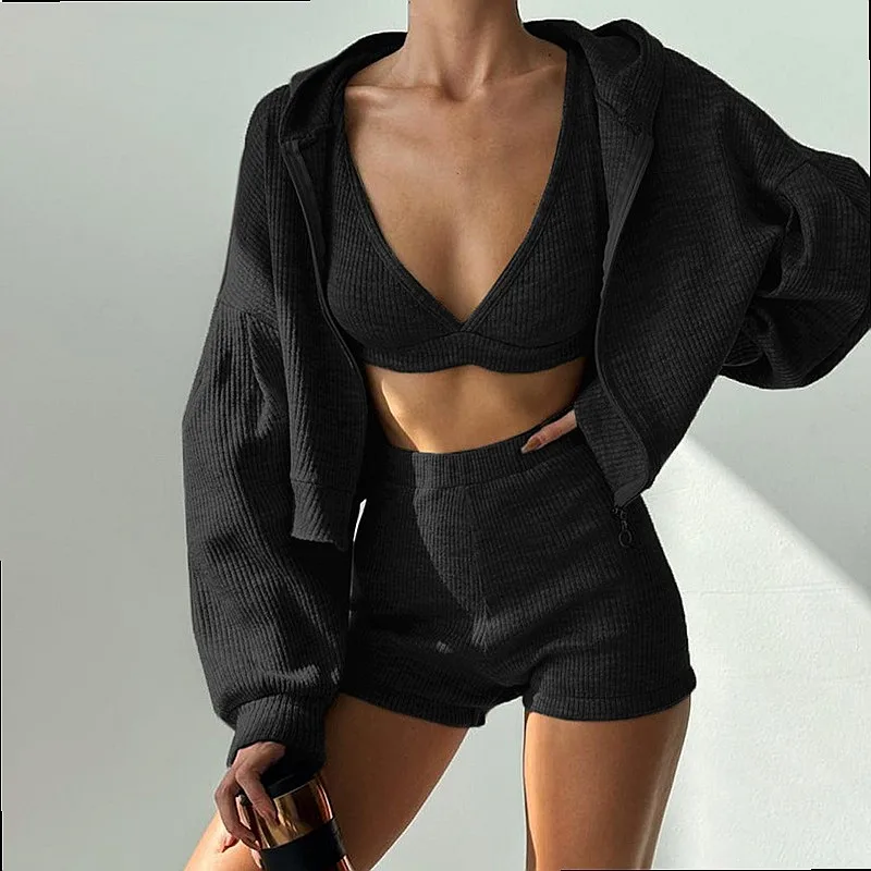 Yoga Matching Set Hooded Cardigan V Neck Sports Bra Shorts Gym Running Lounge Sets