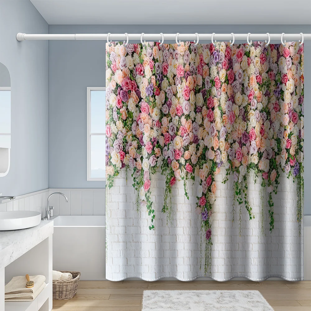 Flower Wall Shower Curtains Bathroom Curtain Frabic Waterproof Polyester Bath Curtain With Hooks