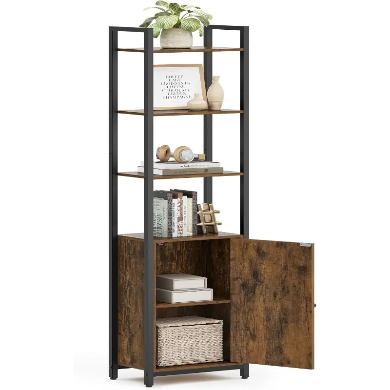 

6-Tier Bookshelf, Tall Bookcase with Door, Steel Frame, Adjustable Shelves, 9.4 x 15.7 x 62.8 Inches, Living Room Bedroom