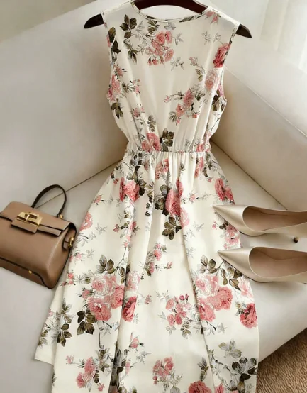 

Women's Dress 2026 Spring Summer New Fashion Flower Printed V-Neck Sleeveless Cinched Waist Daily Casual Long Dress