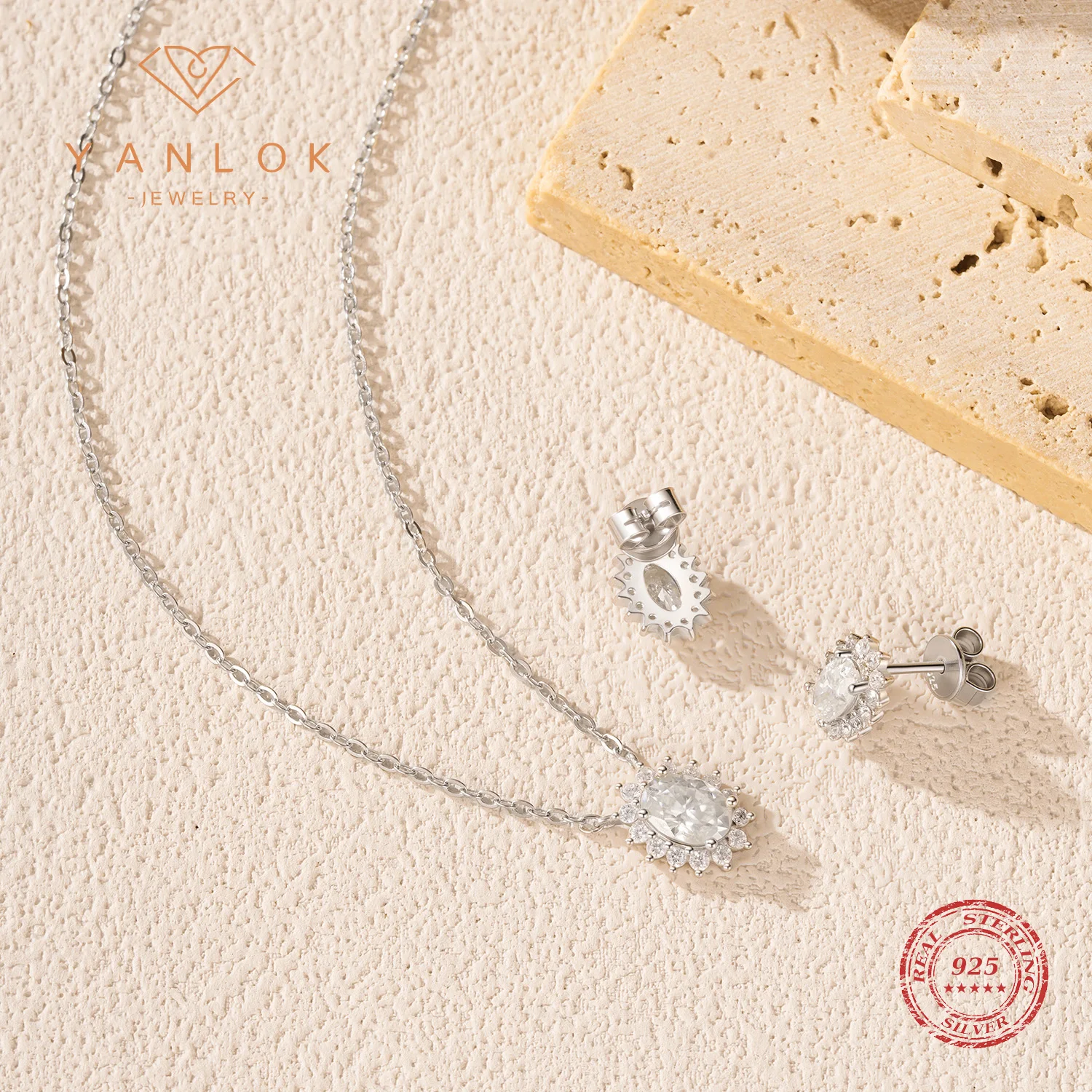 YANLOK 925 Sterling Silver Charming Flower Ear Studs Sparkling Moissanite Pendant Necklace For Women Wedding Fine Jewelry Sets