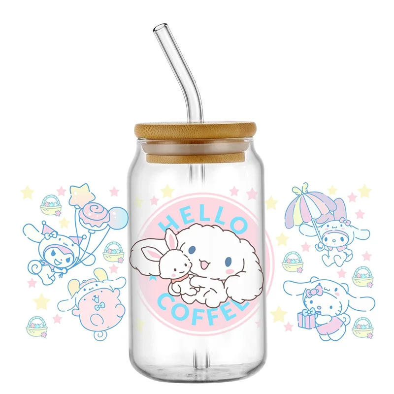 Miniso bonito bebê cinnamoroll 28 pçs padrão 3d dos desenhos animados uv dtf transferência adesivo decalques à prova dwaterproof água para 16oz copo de vidro envoltório adesivos