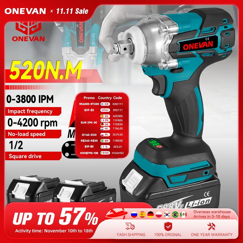 Chave de Impacto Elétrica sem Escova 520n.m sem Fio Polegadas Chave de Fenda Elétrica Ferramenta Elétrica de Reparo para Bateria Makita 18v