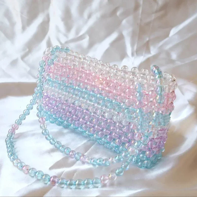 

New Fashion Colorful Splice Design Cute Women's Shoulder Bag AB Fantasy Beaded Woven Handbag Customized Ladies Crystal Bags