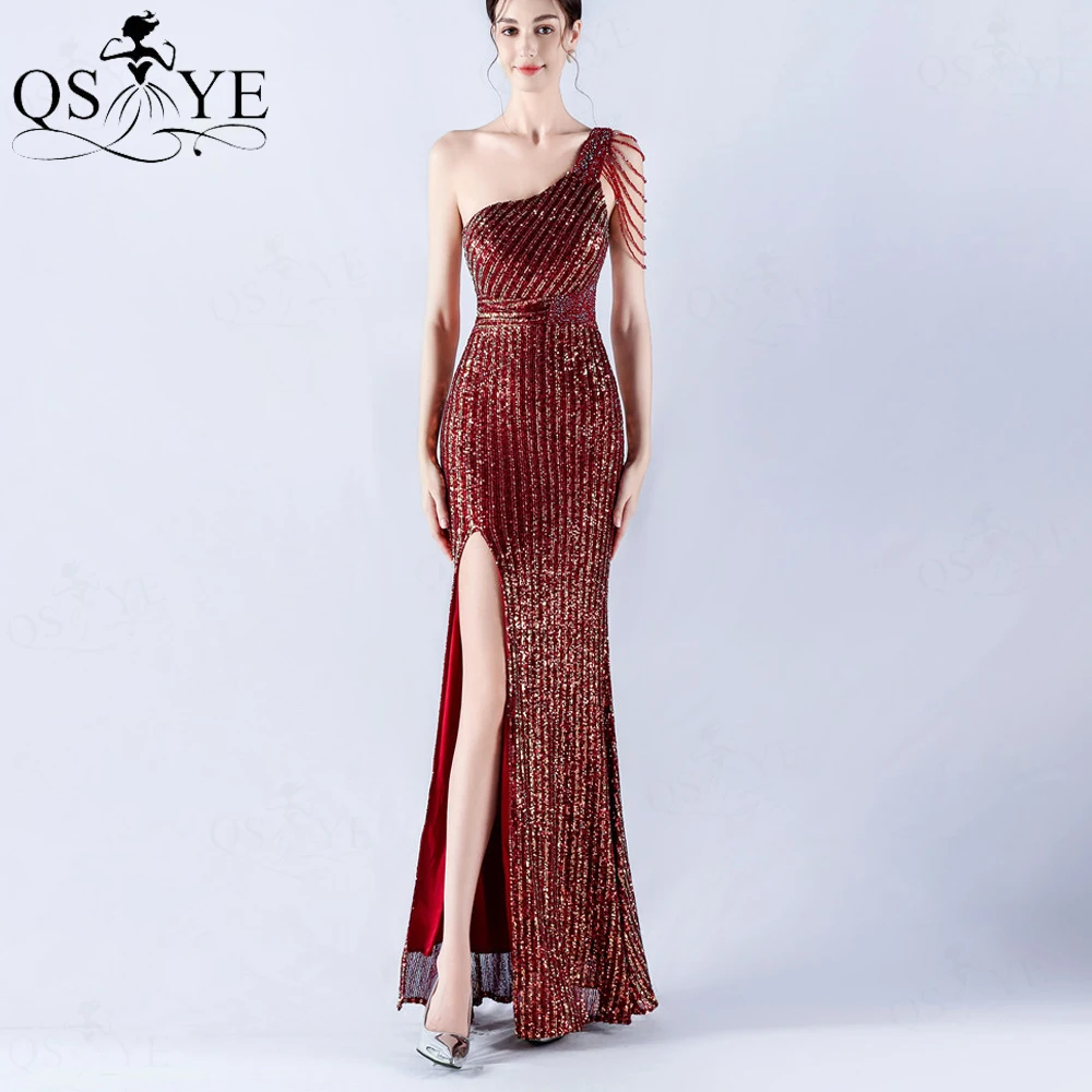 Colorful Stripes Sequin Prom Dresses Beading Strings One Shoulder Dark Red Evening Gown Fitted Open Low Back Woman Formal Dress