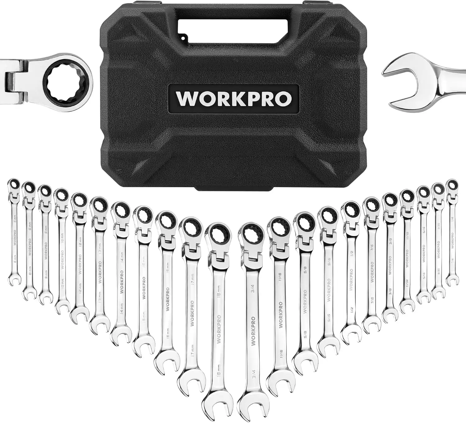 

22-Piece Flex-Head Ratcheting Wrench Set with Organizer Box, Metric 6-18mm & SAE 1/4-3/4, 72 Teeth