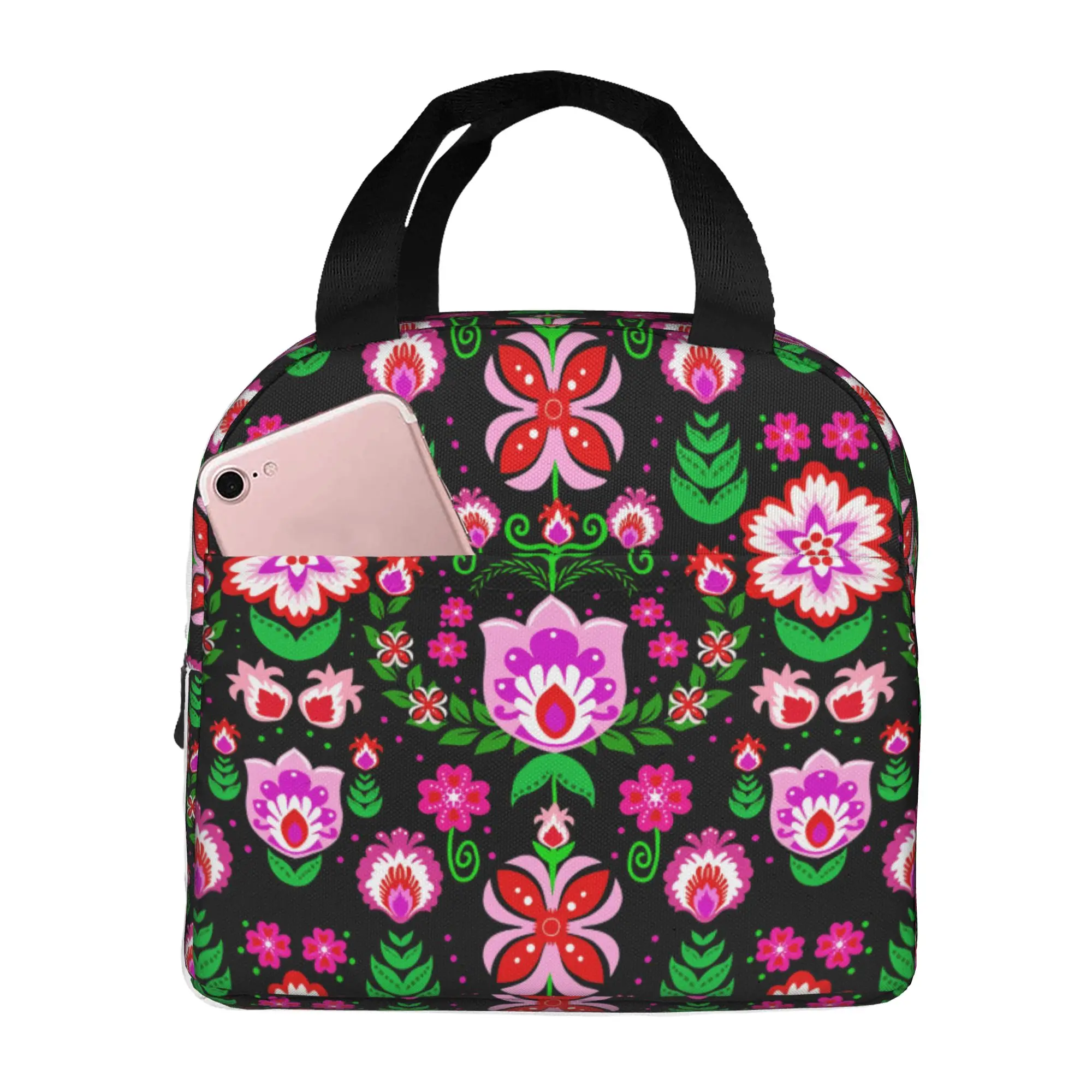 Folk Flowers Polish Floral   Portable Lunch Boxes Women Multifunction  Thermal Cooler Food Insulated Lunch Bag School
