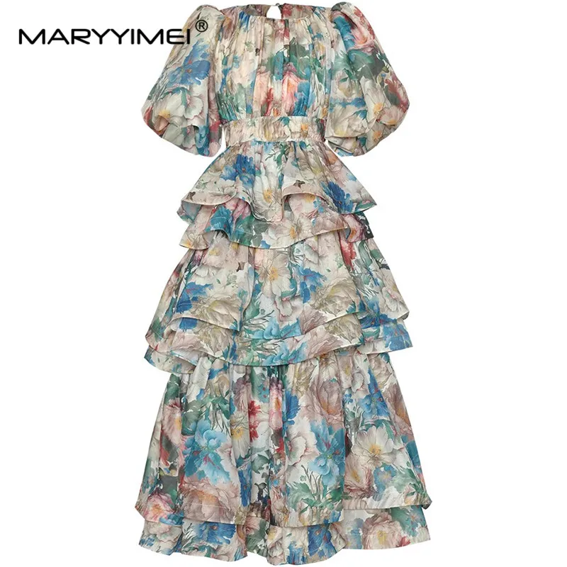 

MARYYIMEI New Fashion Runway Designer Dress Women's Puff Sleeve Folds Tiered Ruffles Printing Bohemian Elegant Dresses