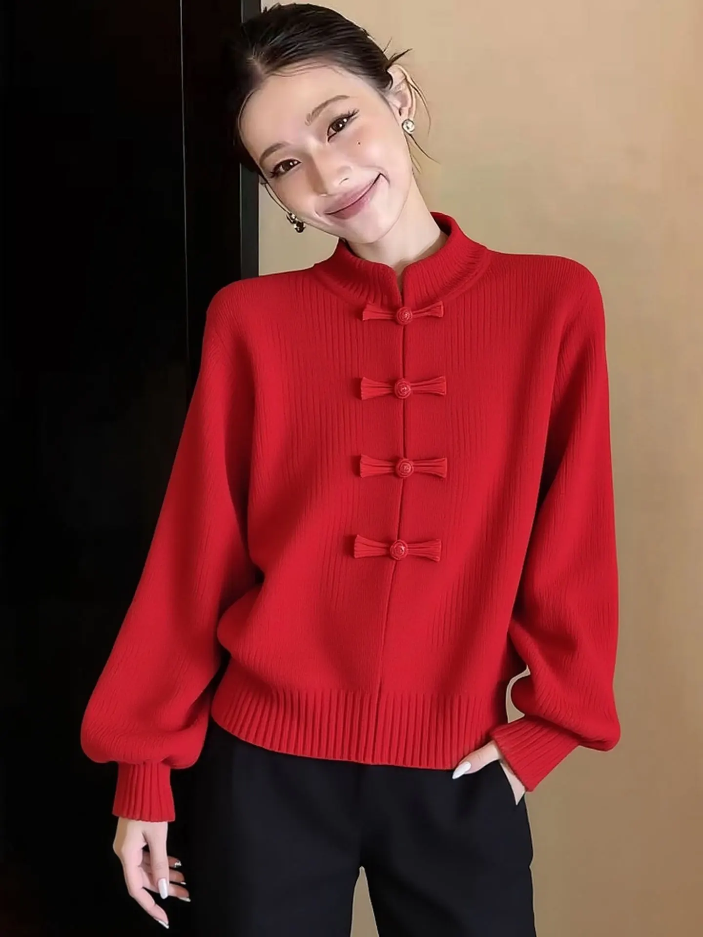

Ele Korean Sle Women's Knitted Sweater Long Sve Stand Collar Red New Year's Faion Top Button Warm Spring Woolenwear