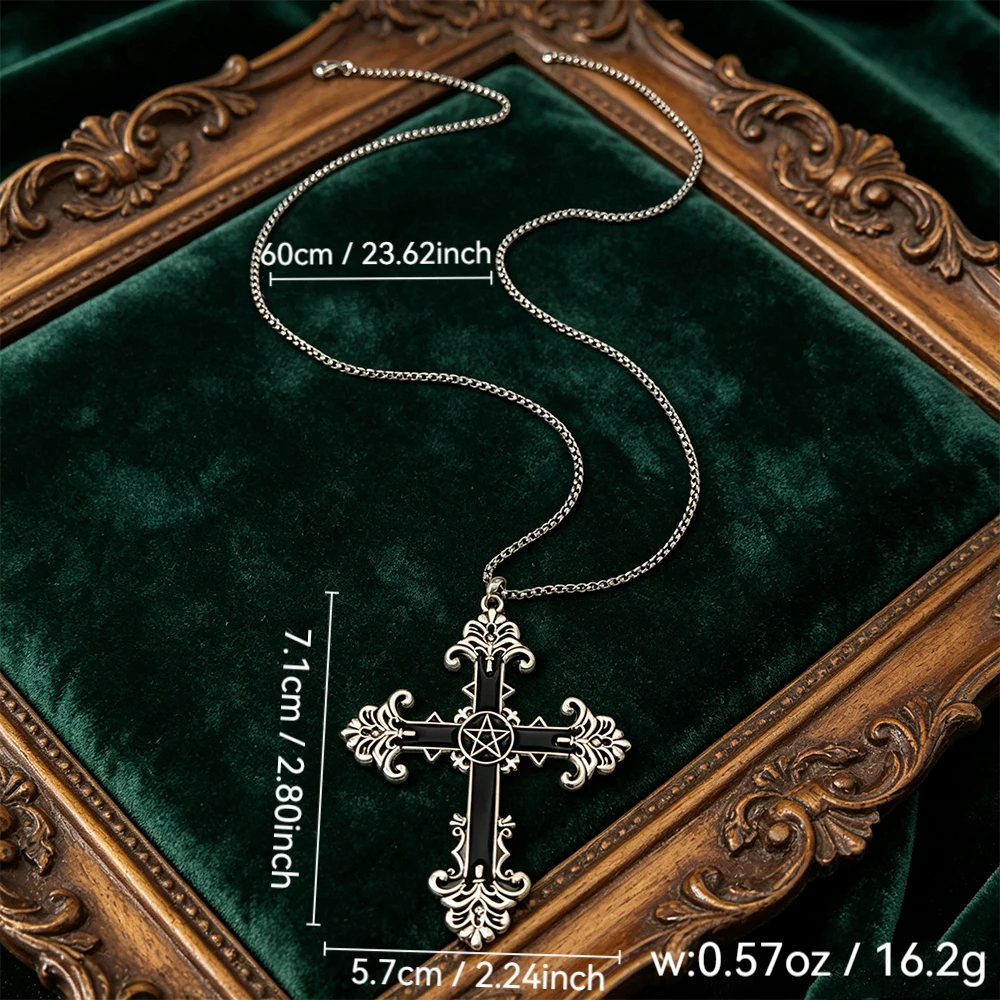 Black Oil Five-Pointed Star Carved Cross Necklace European Baroque Style Scroll Leaf Lace Pendant Dark Style Everyday Versatile Clavicle Chain Accessory