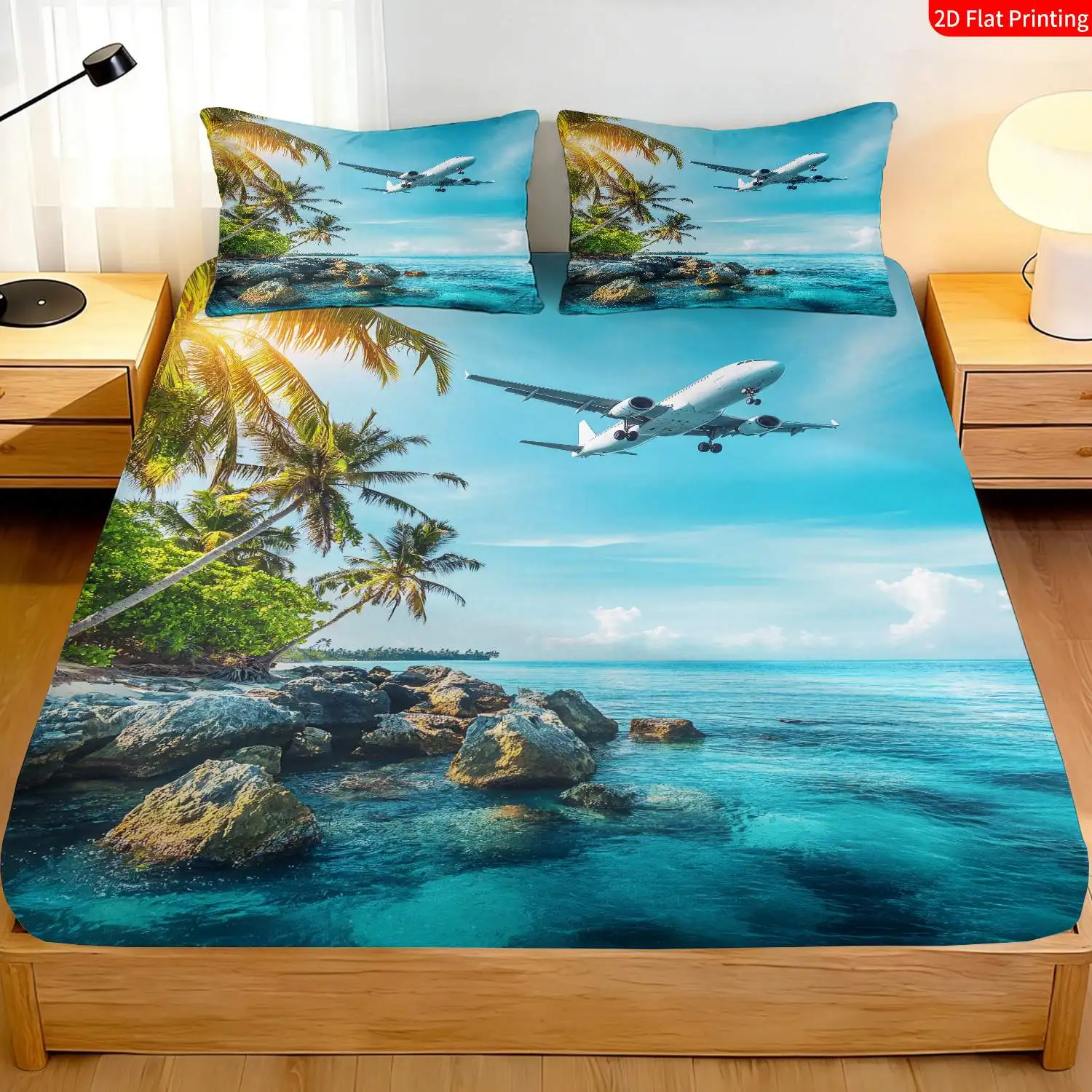 3-Piece Mattress Protector Set in Tropical Vacation Style, Ocean and Palm Tree Themed Bed Cover, Airplane Flying over the Beach Print, Summer Resort Home Decor Fitted Sheet, Mattress Protector, Stain-Resistant, Suitable for All Seasons, Machine Washable, Easy to Care For, Universal for Home Bedrooms, Essential for Dorms and Rentals, Master Bedroom Decoration, Dust-Proof and Stain-Resistant, High Elasticity, Fits Various Sizes