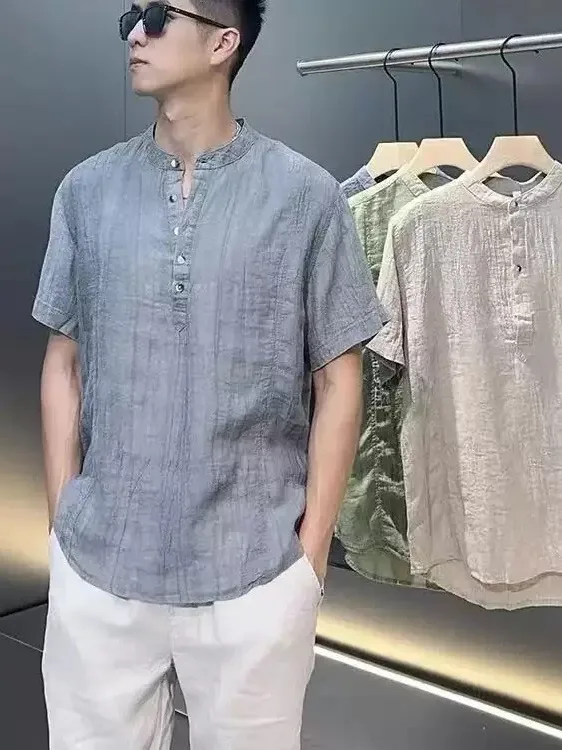 

Ultra-Thin Linen Silk Shirt! Summer Crumpled High-End Feel New Chinese Style Stand Collar Cotton Linen Short Sleeve ...