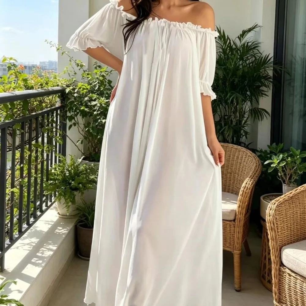 Comfortable Off Shoulder Sheer Nightgown V-neck Short Sleeve Mesh Nightdress Transparent Ruffle Long Sleeping Dress Lounge