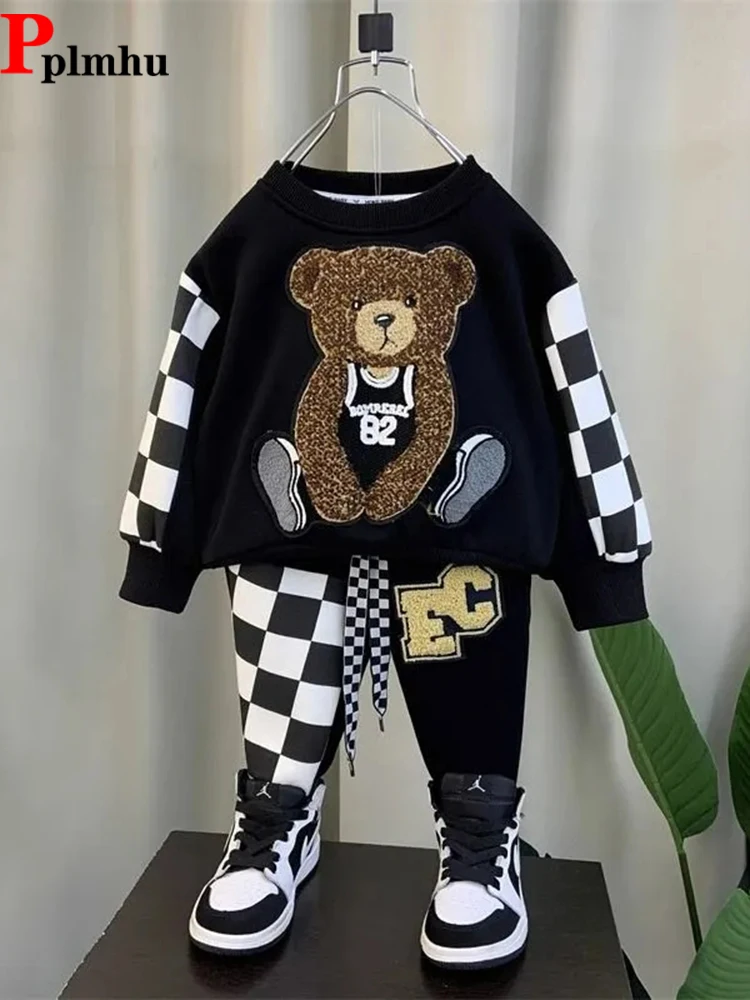 

Boys Fashion Jogging Ensembles O Neck Cartoon Bear Sweatshirts + Baggy Lace Up Sweatpants Outfit Children Spliced 2 Piece Set