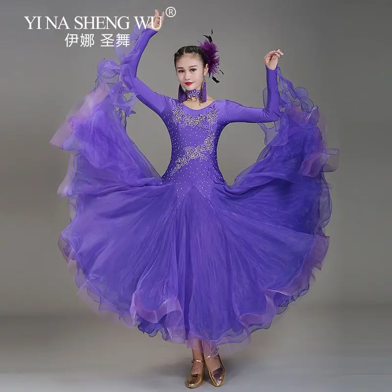 جولة الرقبة الماس التدرج النساء قاعة الرقص المنافسة فستان الفالس فستان رومبا أزياء رقص الكرة ثوب S-XXL