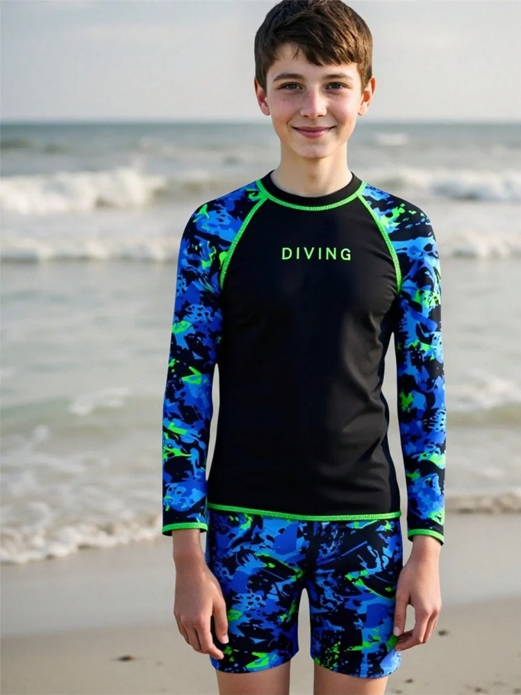 

Boy Kids Swimsuit 2026 New Solid Tie Dye Long Sleeves Children Swimwear Summer Two Piece Shorts Beachwear Bathing Suit Swimming