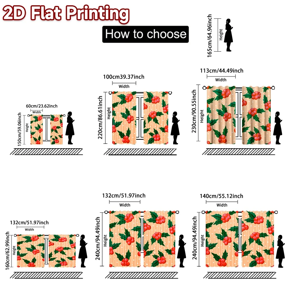 2D flat printing 2pcs Christmas Curtains Christmas Holly and Berries(1) Durable polyester fiber Birthday Party for All Season