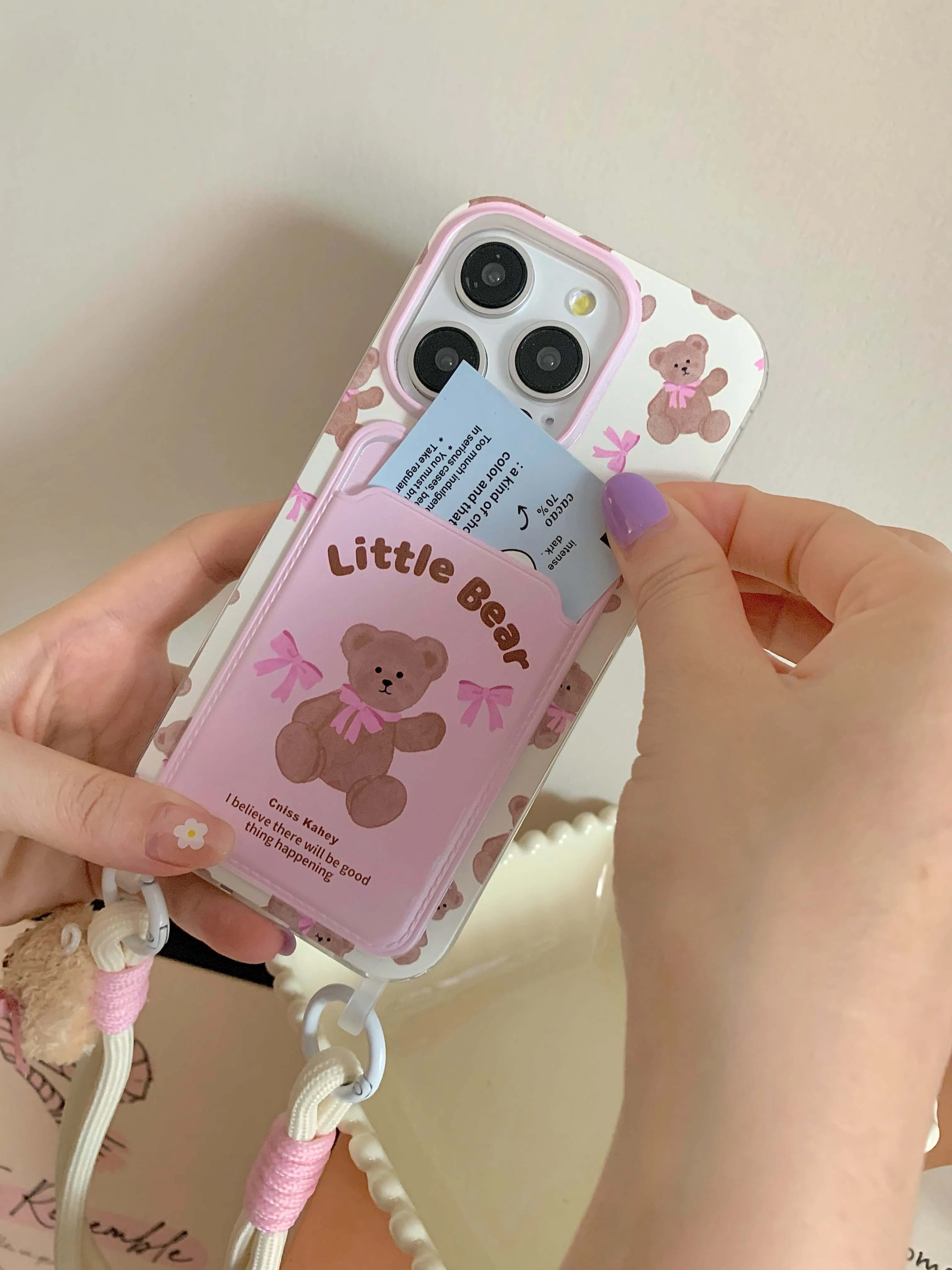 Pink bow bear card holder phone case for iphone 11 12promax 14 13 15pro 13pro 15 pro max 14pro 12 milk white rope cute funda