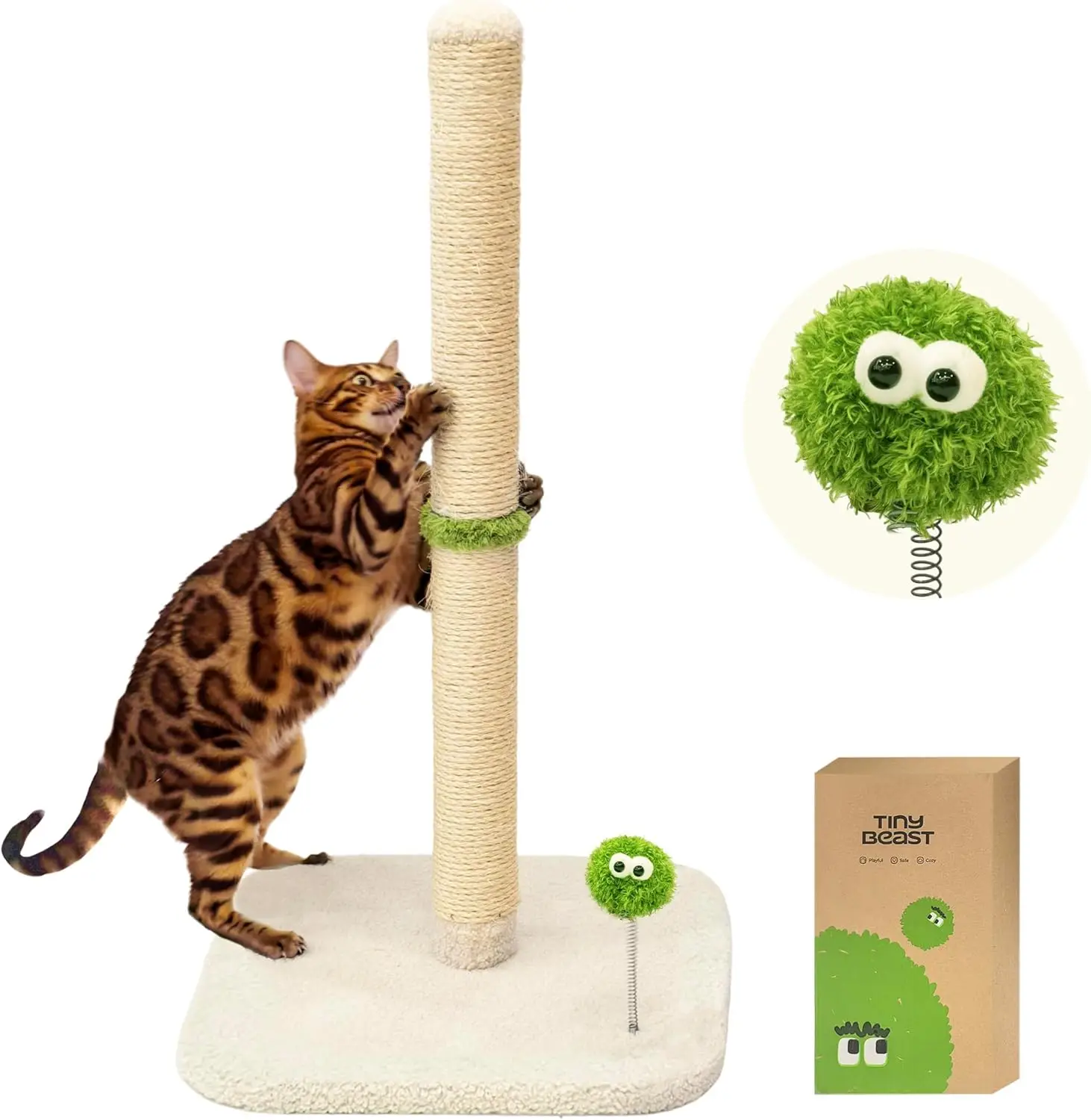 

34" Tall Cat Scratching Post, Cat Scratcher Featuring Natural Sisal Rope, Cat Tree with Interactive Plush Toy Ball and S