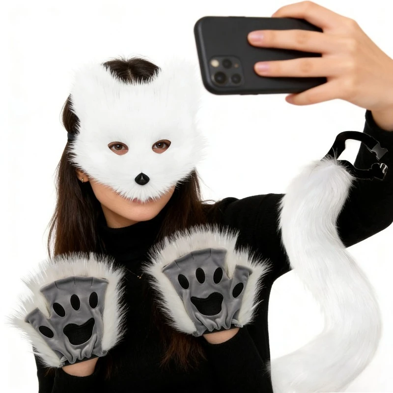 

Suit fox mask gloves plush fox tail hand cos play prop half face cross border