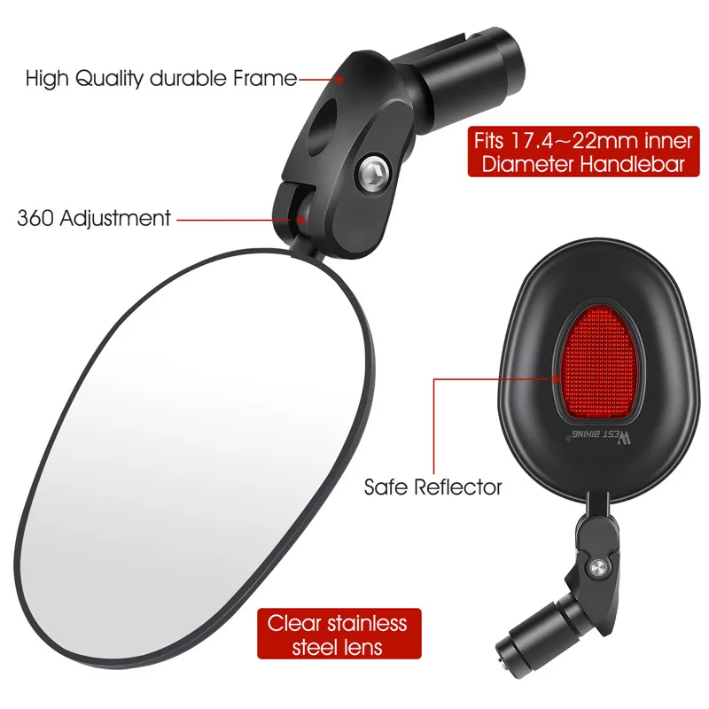 WEST BIKING Road Mountain Bike Mirror HD Bicycle RearView Mirror 360° Adjustable Handlebar Looking Glass Scooter MTB Accessories