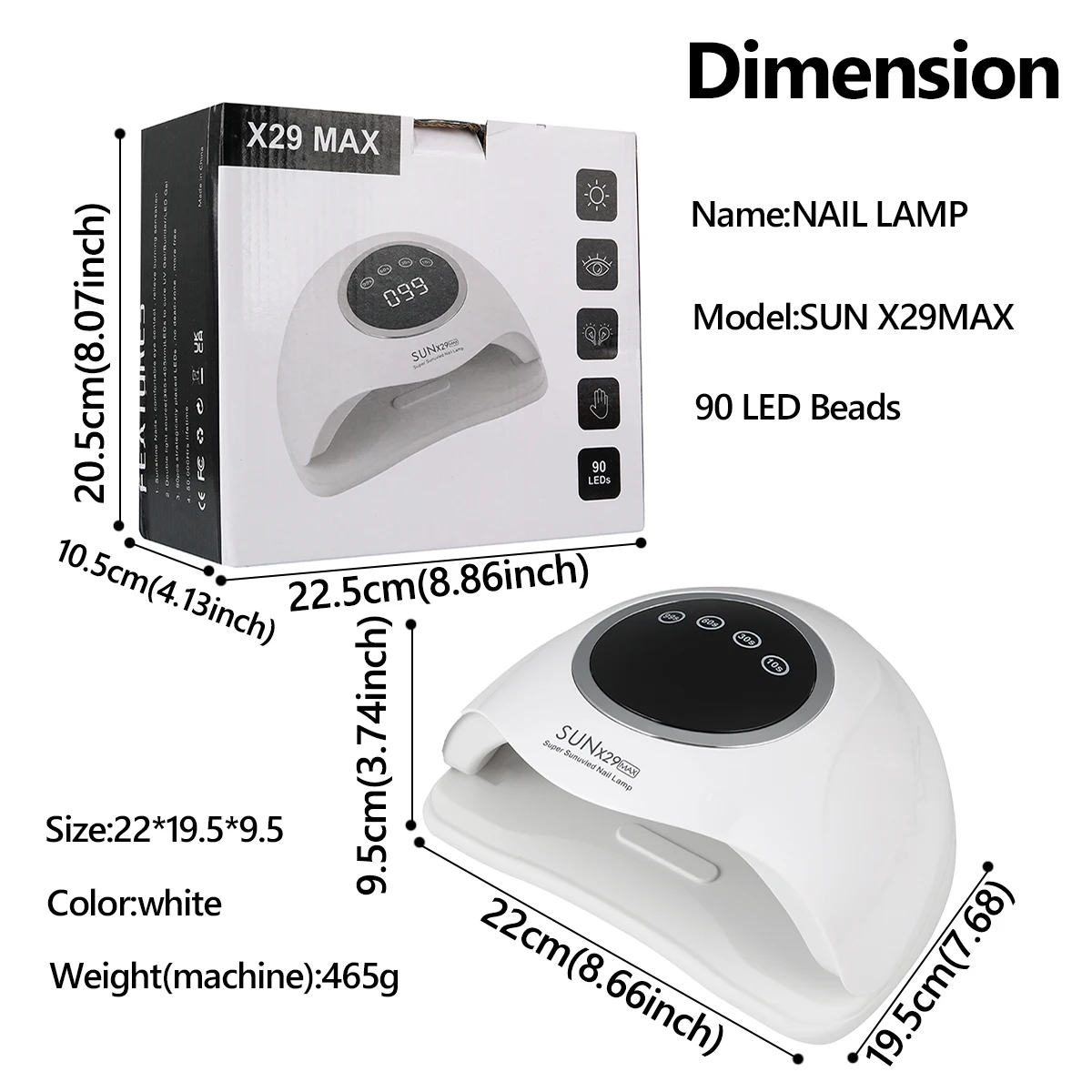 90 LEDネイルランプ、4つのタイマー設定付き、ネイルドライヤー＆アートツールとしてスマートに使用可能、家庭用＆サロン用