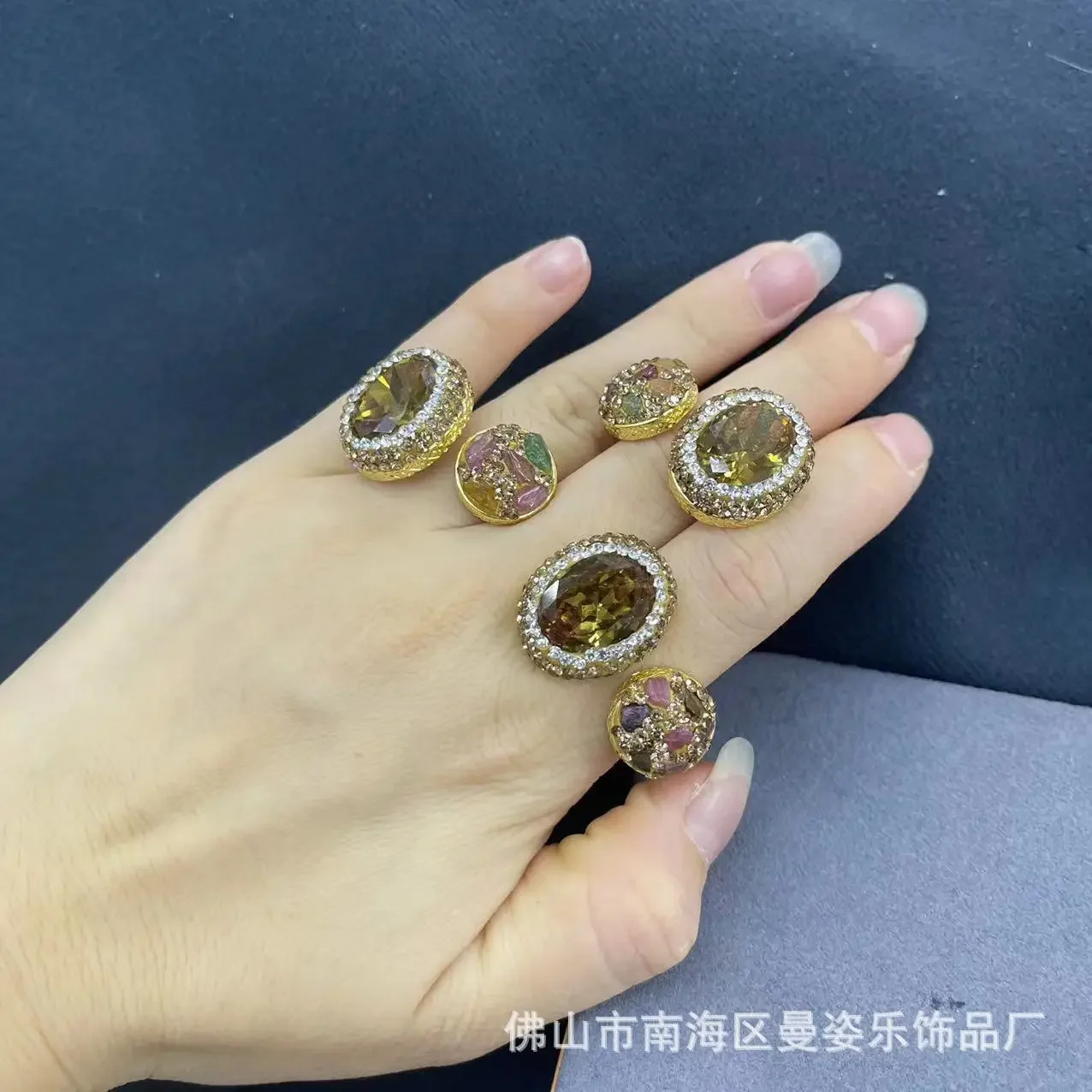Turkish sultanite  stone inlaid with natural tourmaline ring, French vantage fashion jewelry