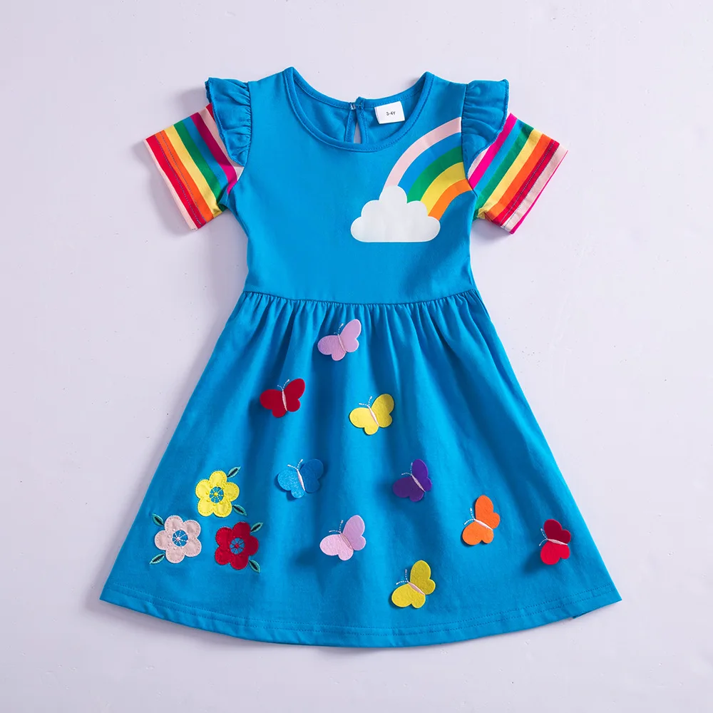 Girls\' Short Sleeve Butterfly Embroidered Dress Summer New Flower Rainbow Sleeves SH81037