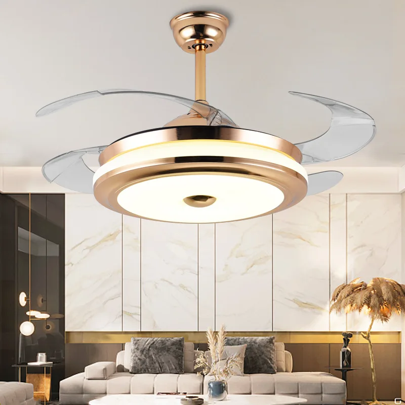 

Indoor Modern Ceiling Fan Lamp Led Chandelier Invisible Retractable Bluetooth Music Ceiling Fan Gold 90 Home Office 6.1 30000