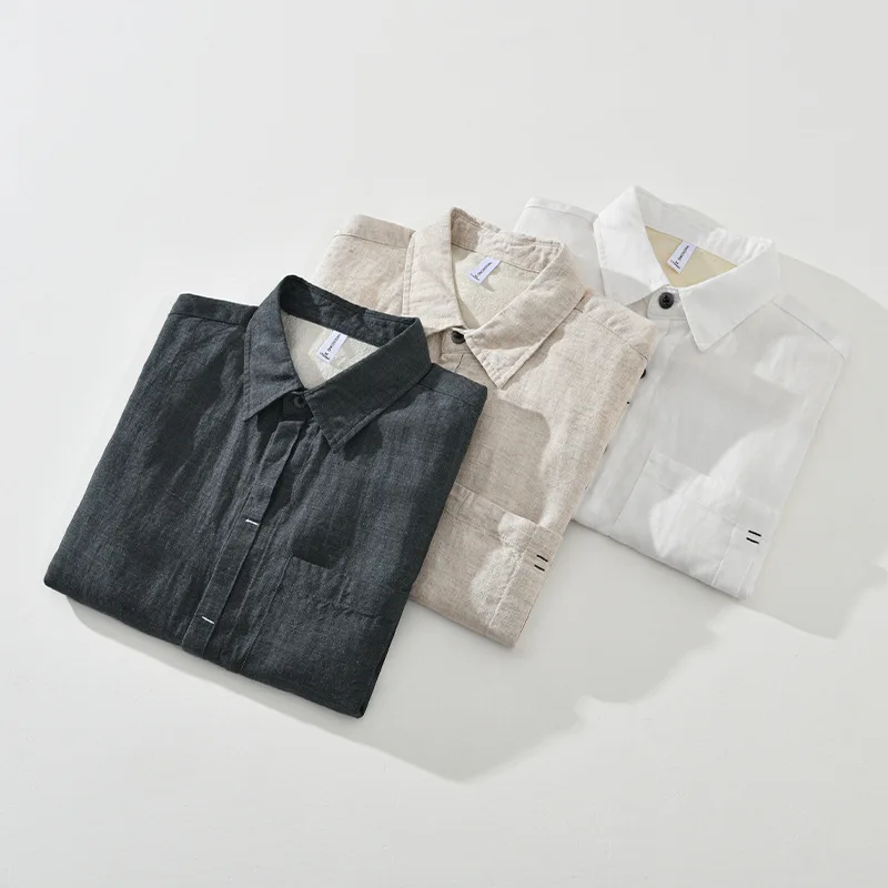 Japan Style Vintage Shirt Men Spring and Summer New Long Sleeve Linen Shirts Male Casual Lapel Pocket Gray Shirt Breathable Tops