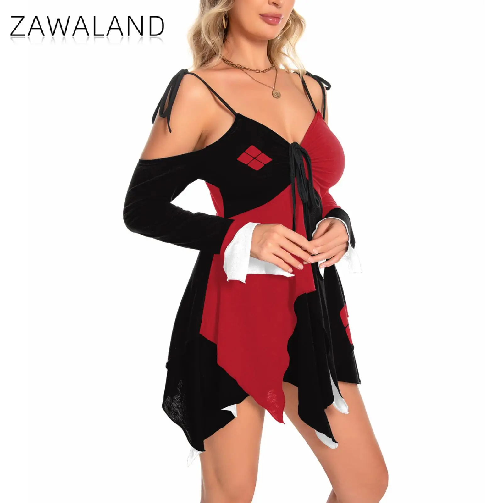 Zawaland Cosplay Clown Dresses for Women Clothing Print Irregular Off Shoulder Dresses Movie Halloween Costumes Dress Female