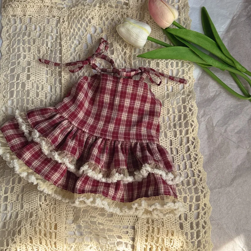 Original Retro Red Blue Plaid Pet Dog Clothes Classic Fashion Bow Sling Dress For Small Medium Dog Poodle Puppy Home Wear Skirt