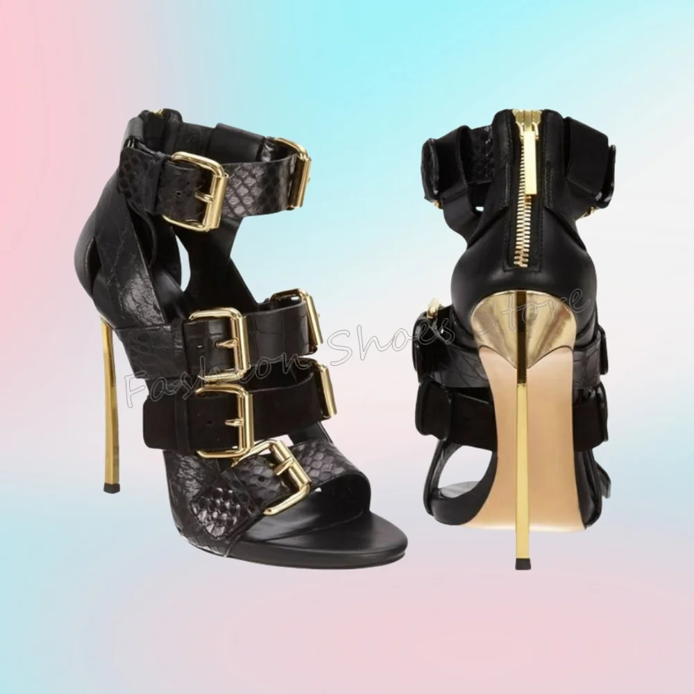 

Black Buckle Decor Back Zipper Sandals Open Toe Thin High Heels High Heel Shoes for Women Heels 2025 New Zapatos Para Mujere
