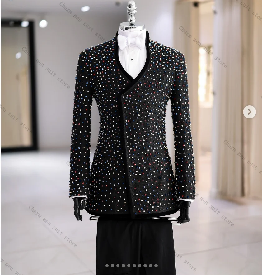 Colorful Crystals Men Suits Set 2 Pcs Blazer+Pant Trousers Black Wedding Tuxedo Formal Office Cotton Male Groom Prom Jacket Coat