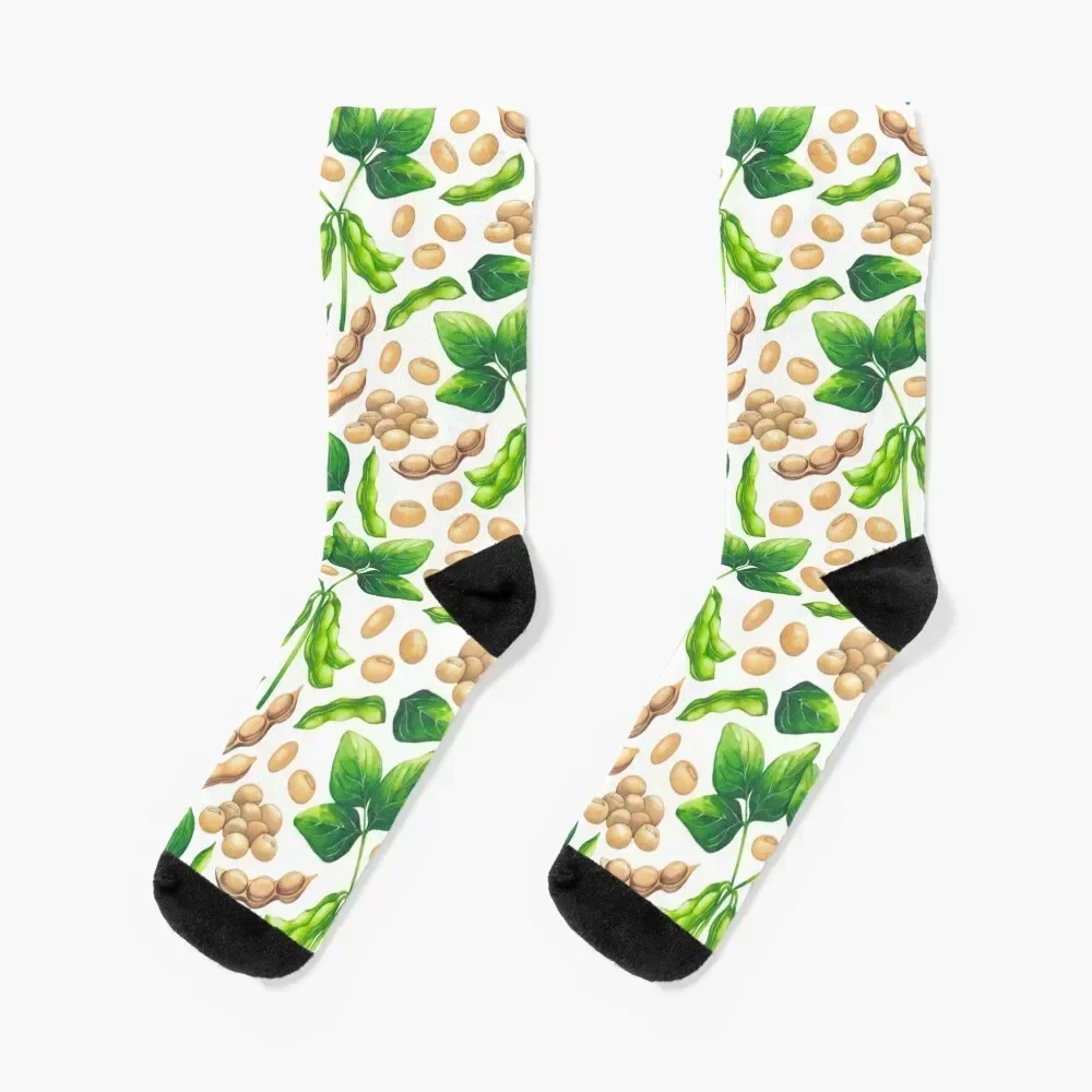 Colección de frijoles, vainas y hojas de soja de acuarela. Calcetines suelo de halloween kawaii Calcetines de mujer Hombre