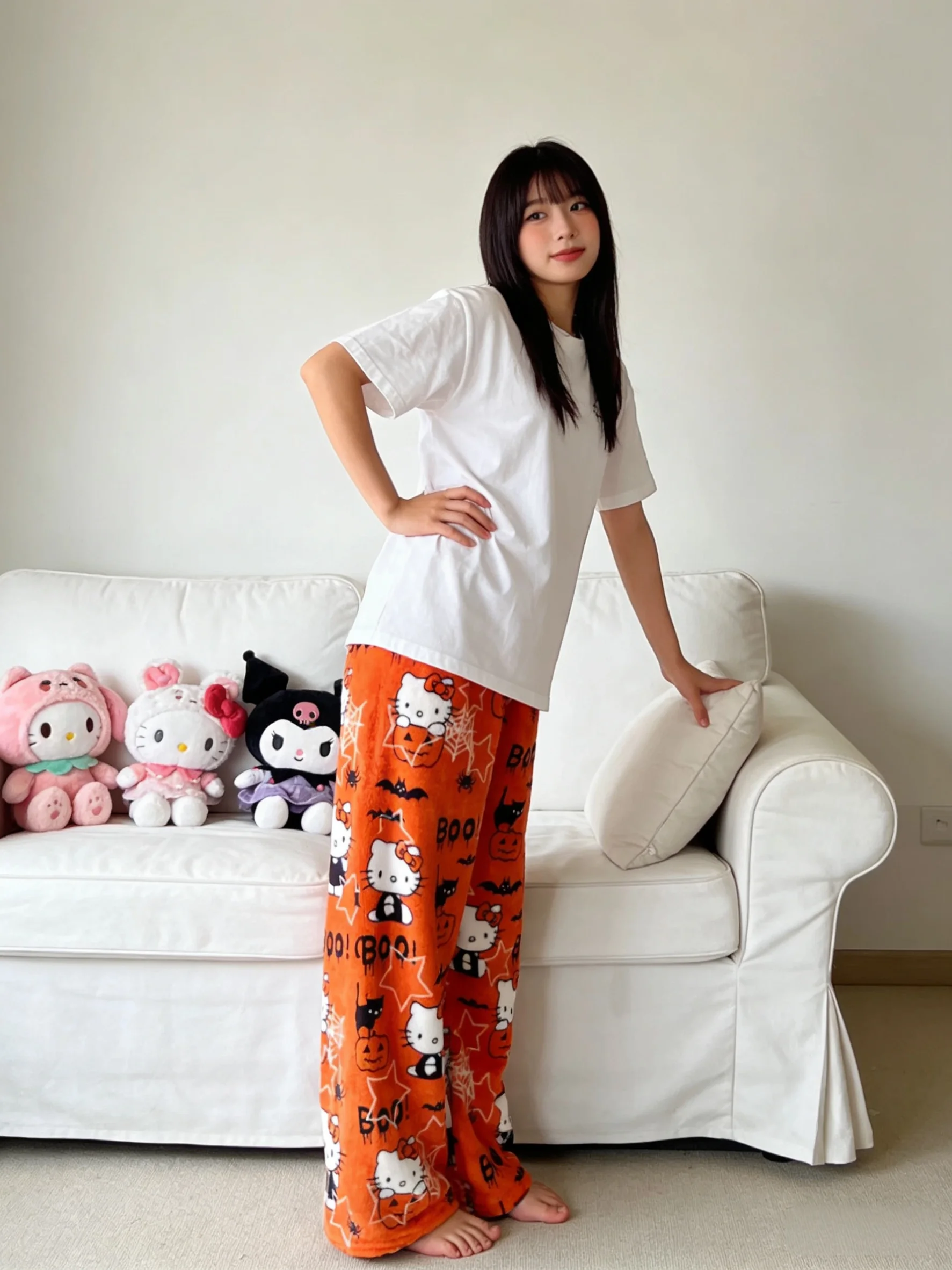 Hello Kitty Flannel Sleep Pants, Orange Warm Long Pants, Stylish Strolling Pants for Parties! Ideal Holiday Gift!