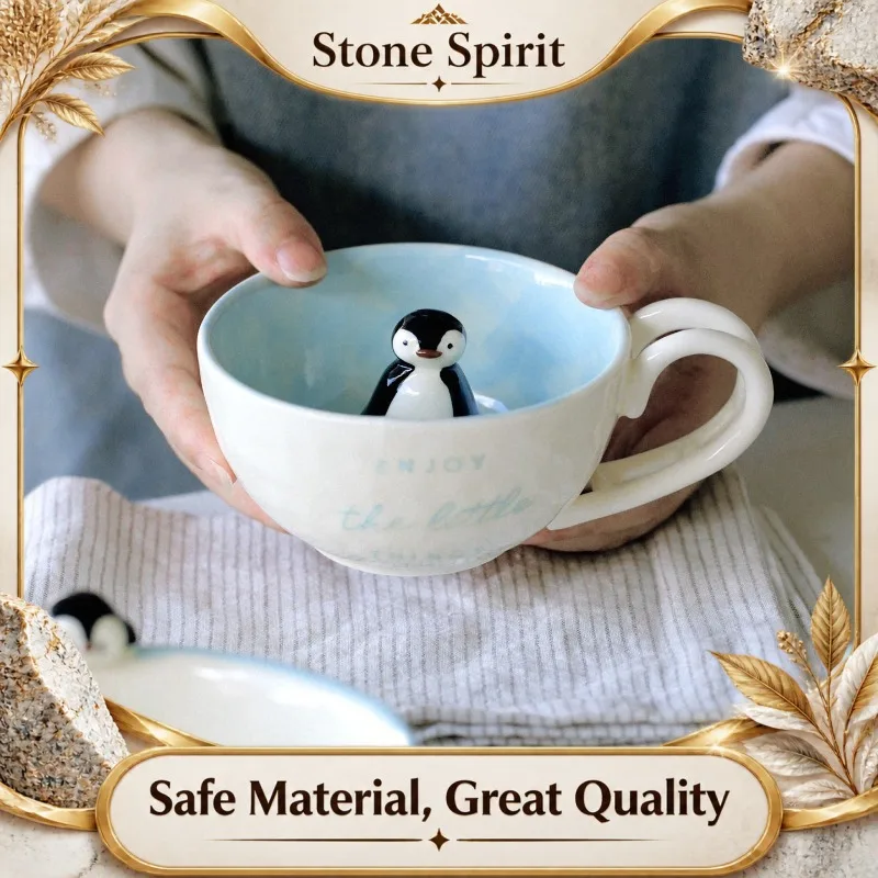 Cute Penguin Relief Ceramic Mug, Kawaii Cartoon Coffee Cup for Kids Girls, Fun Breakfast Cereal Yogurt Drinkware, Unique Gift