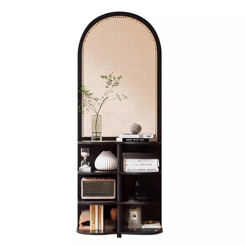 

French retro solid wood screen partition, living room entrance porch blocking decorative rattan arch shelf