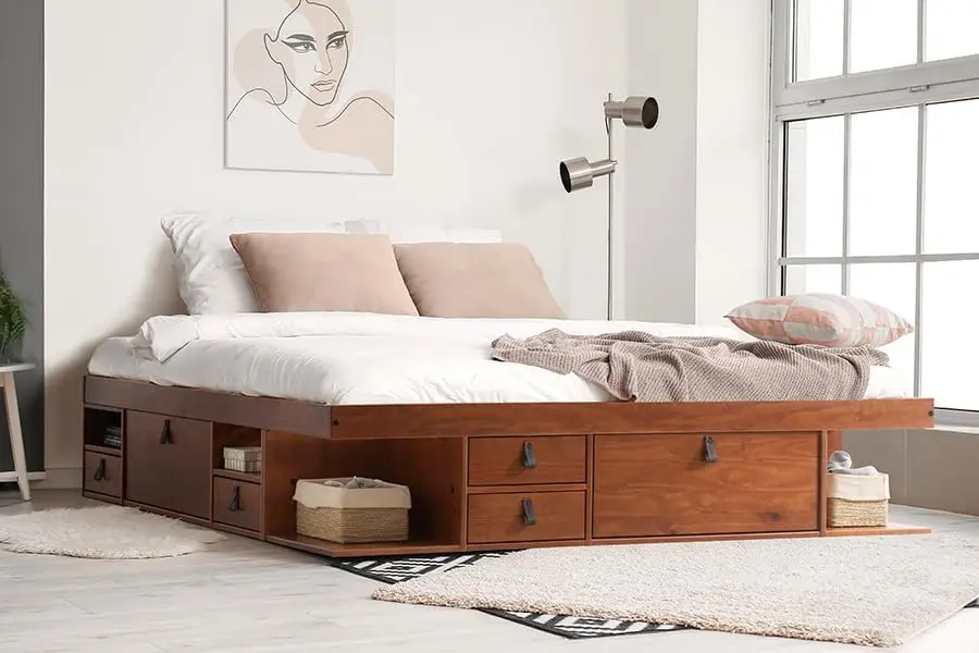 

Storage Platform Bed with Drawers (King Size, Caramel Brown Wood)