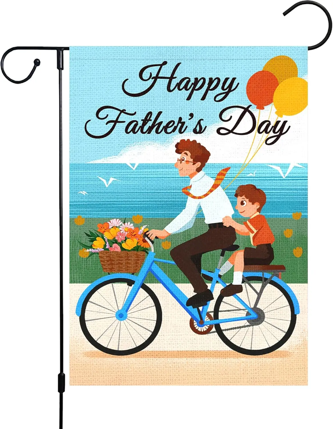 Happy Father's Day Garden Flag, Father Son Floral Bicycle Balloon 12 x 18 Inch Vertical Double Sided Burlap Welcome Flag, Ou